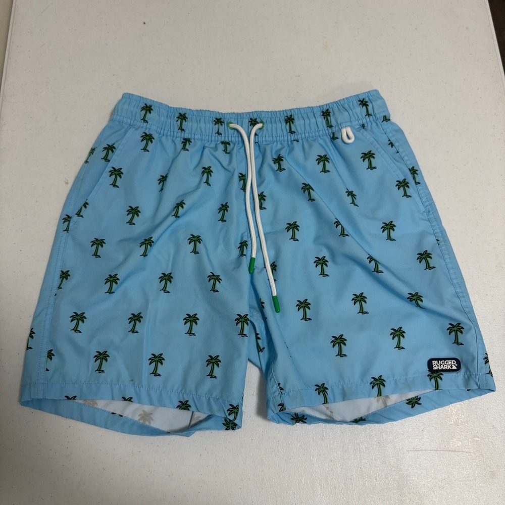 Rugged Shark Mens Light Blue Palm Tree Print Swim Trunks Size Medium 6in Inseam